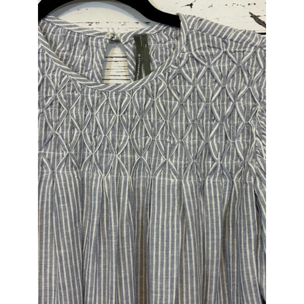 Women's Anthropologie Striped Smocked Blouse Blue/White Size XXS - Picture 3 of 7